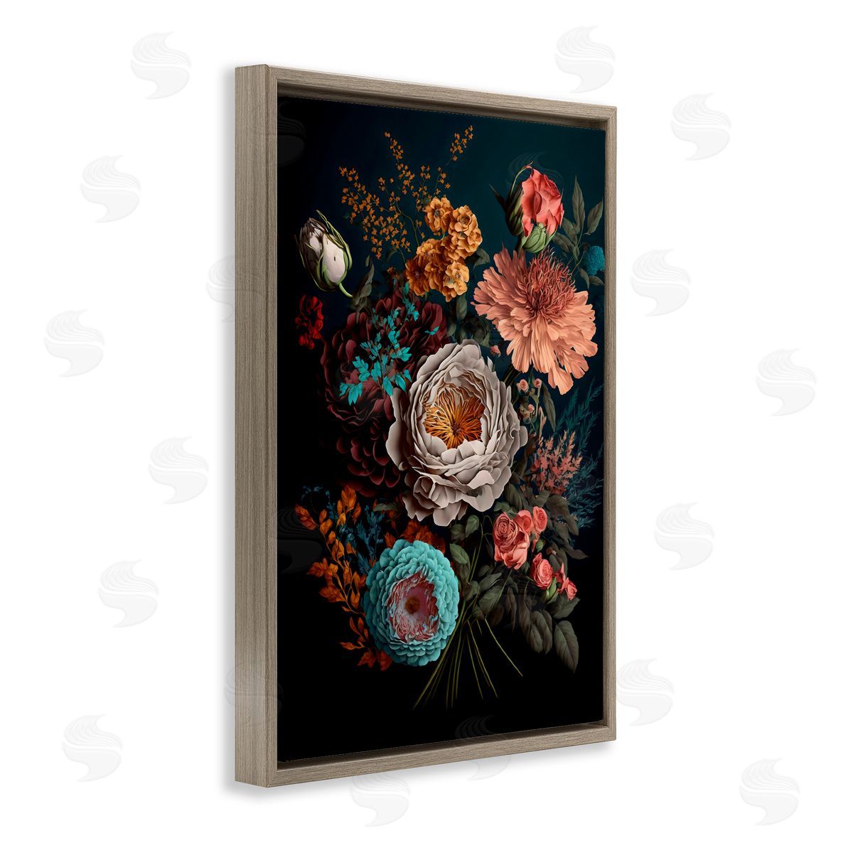 Creative Studio Realistic Colorful Floral on Black Brown Floating Frame Canvas Art Print