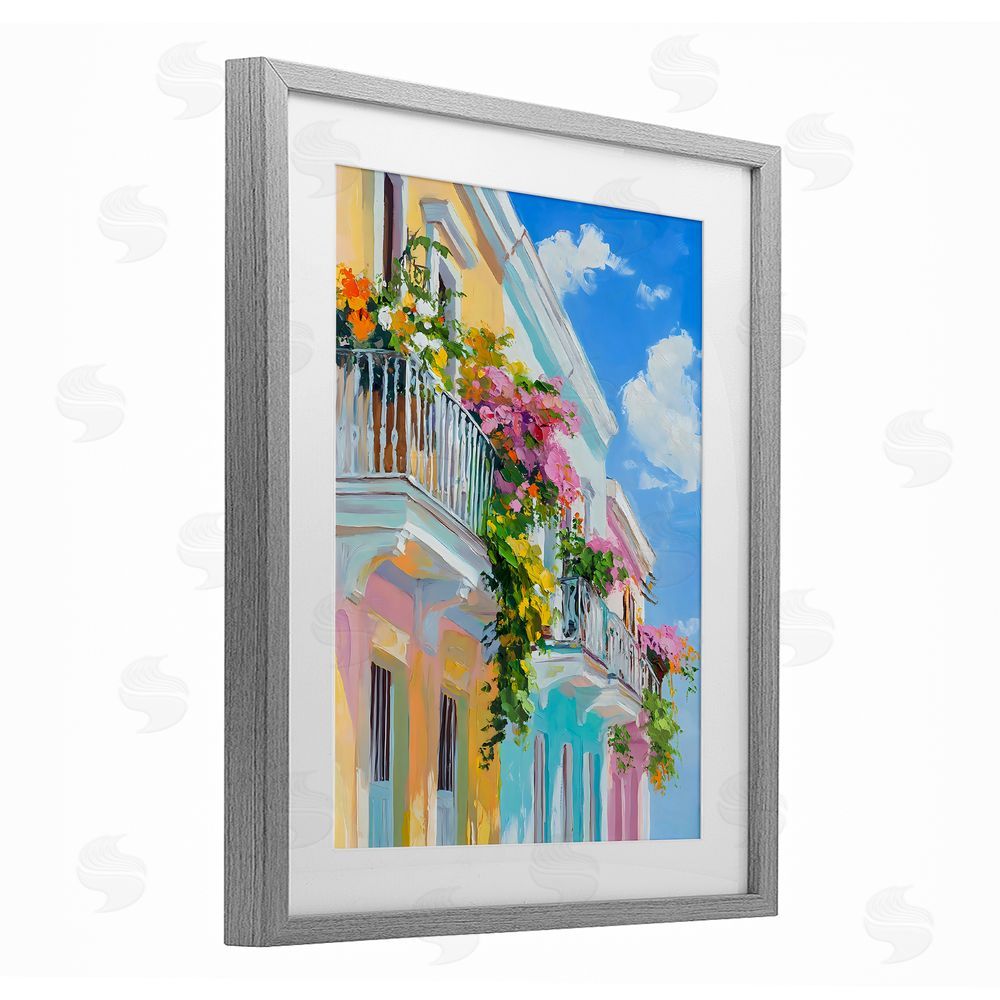Franklyn Gregory Hanging Flowers Balcony Gray Framed Print Under Glass with White Mat Wall Art