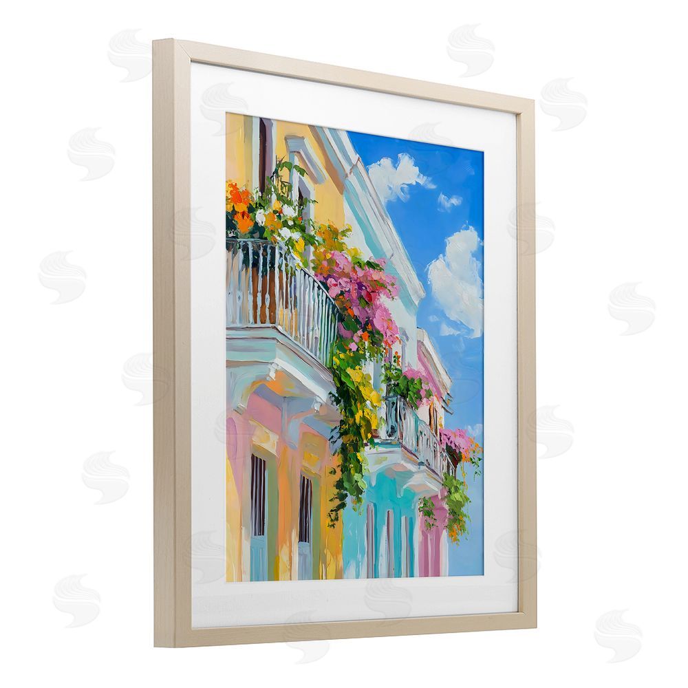 Franklyn Gregory Hanging Flowers Balcony Birch Framed Print Under Glass with White Mat Wall Art