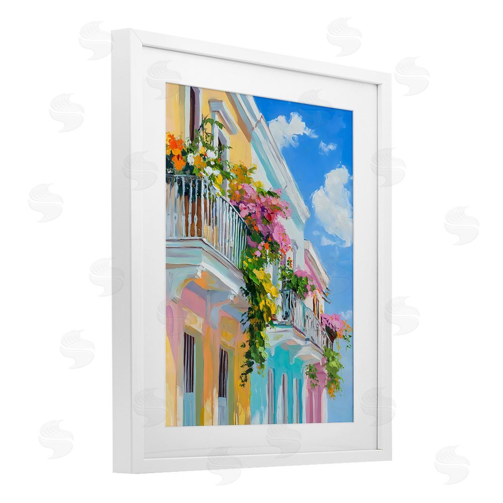 Franklyn Gregory Hanging Flowers Balcony White Framed Print Under Glass with Mat Wall Art