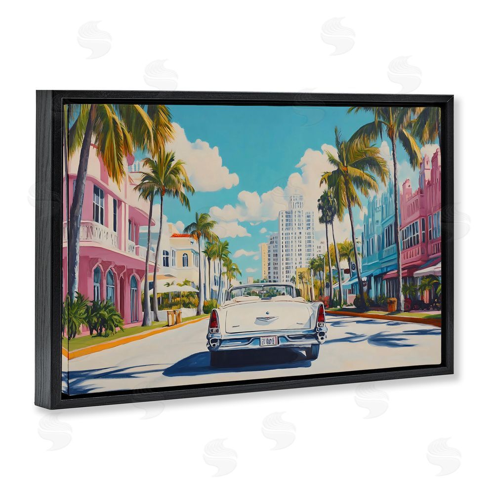 Franklyn Gregory Classic Car in Tropical Town Black Floating Frame Canvas Wall Art Print