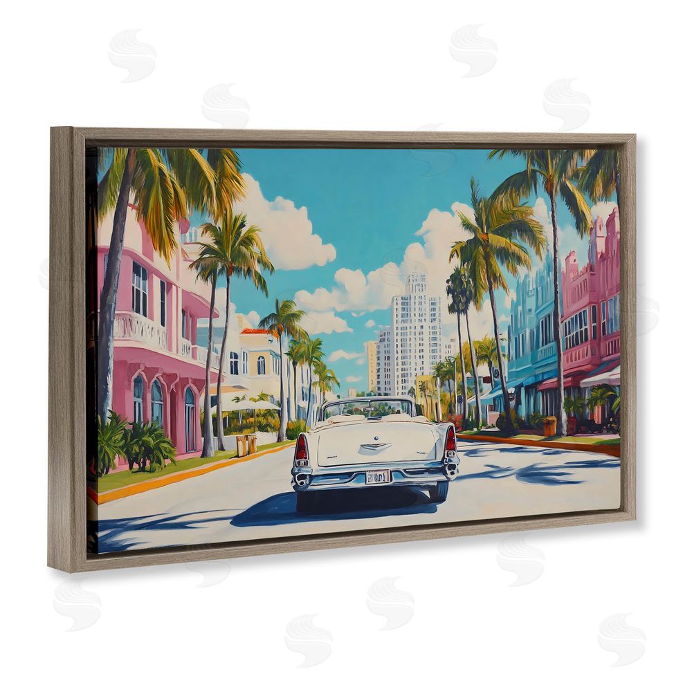 Franklyn Gregory Classic Car in Tropical Town Brown Floating Frame Canvas Wall Art Print