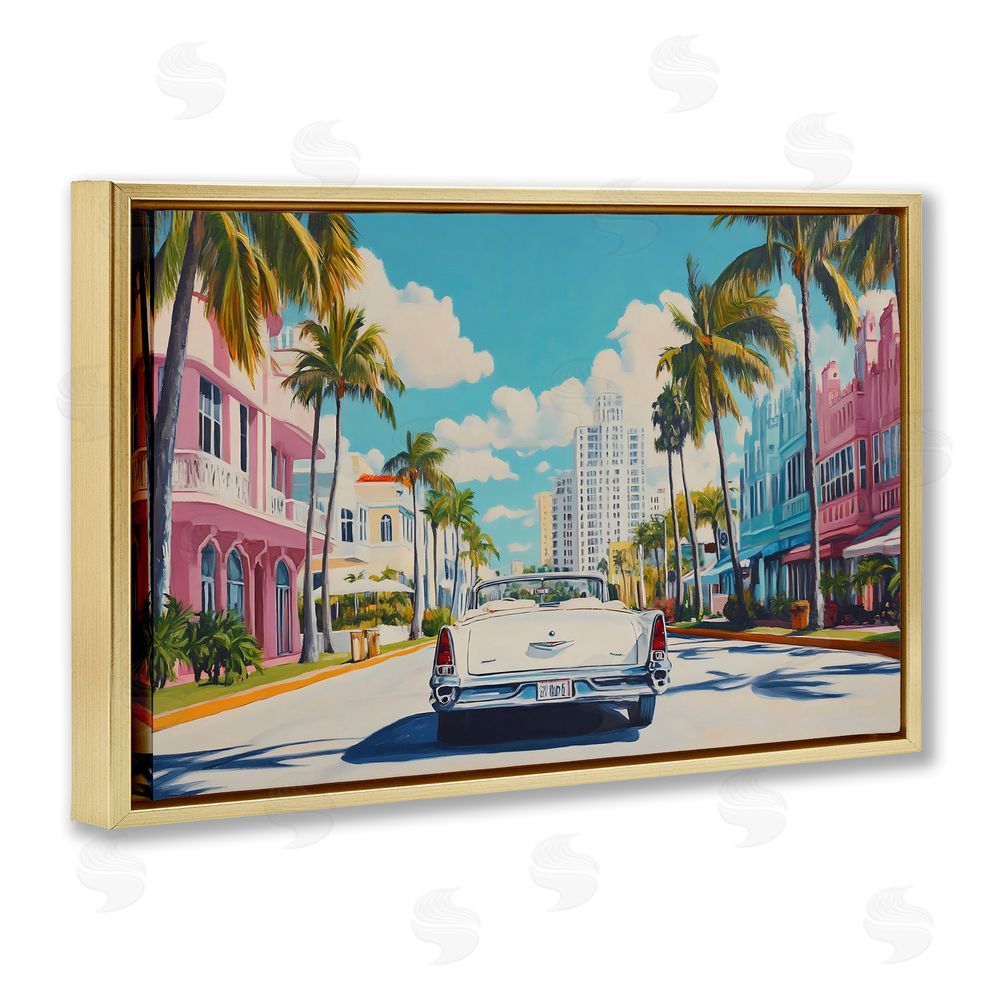 Franklyn Gregory Classic Car in Tropical Town Gold Floating Frame Canvas Wall Art Print