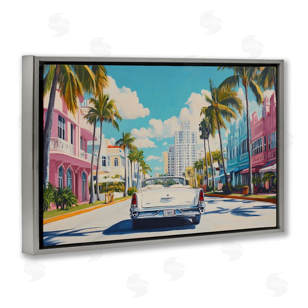 Franklyn Gregory Classic Car in Tropical Town Gray Floating Frame Canvas Wall Art Print