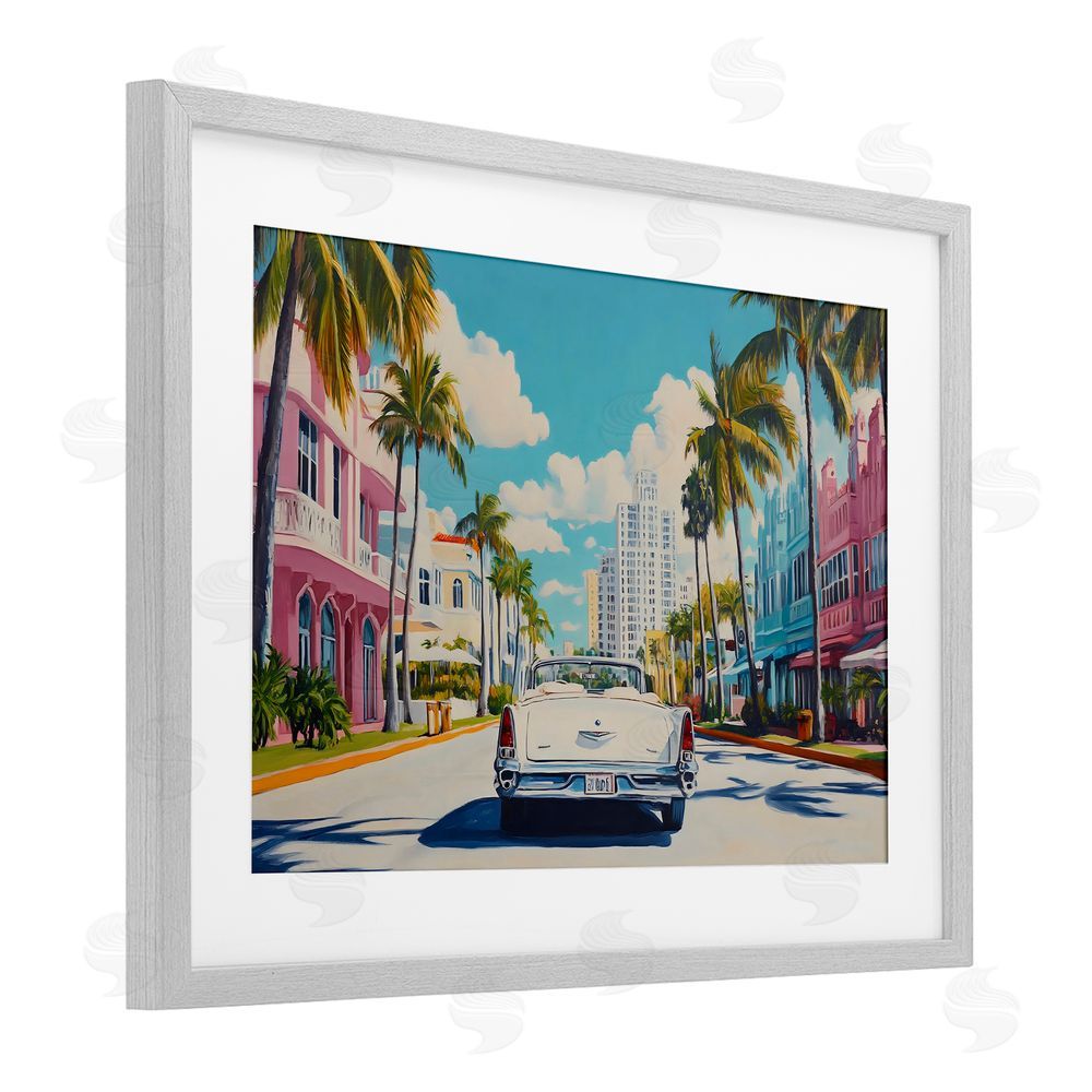 Franklyn Gregory Classic Car in Tropical Town Gray Framed Print Under Glass with White Mat Wall Art
