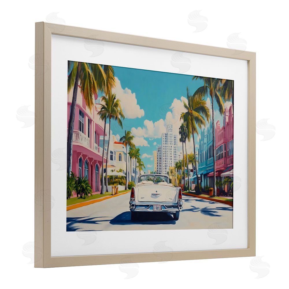 Franklyn Gregory Classic Car in Tropical Town Birch Framed Print Under Glass with White Mat Wall Art