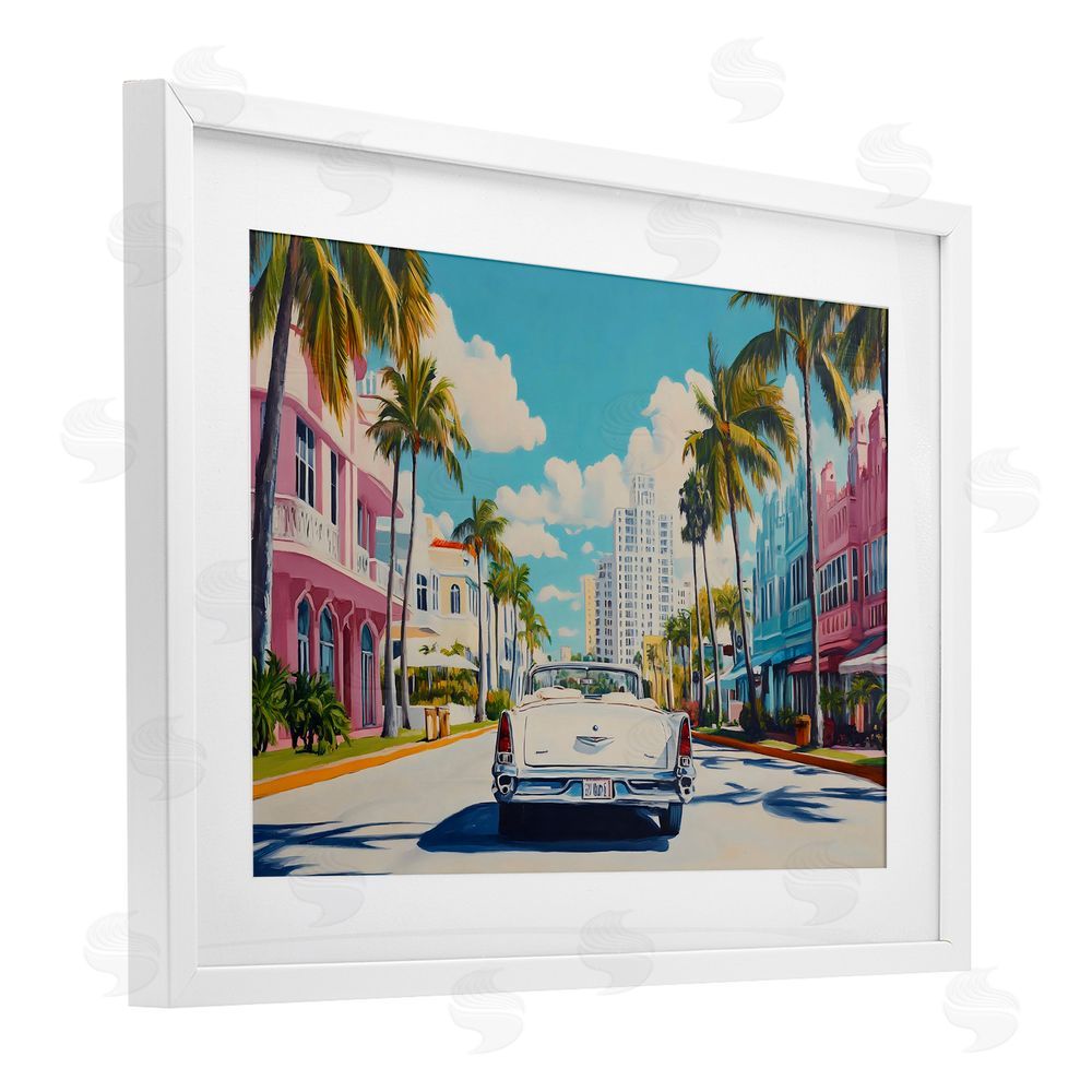 Franklyn Gregory Classic Car in Tropical Town White Framed Print Under Glass with Mat Wall Art