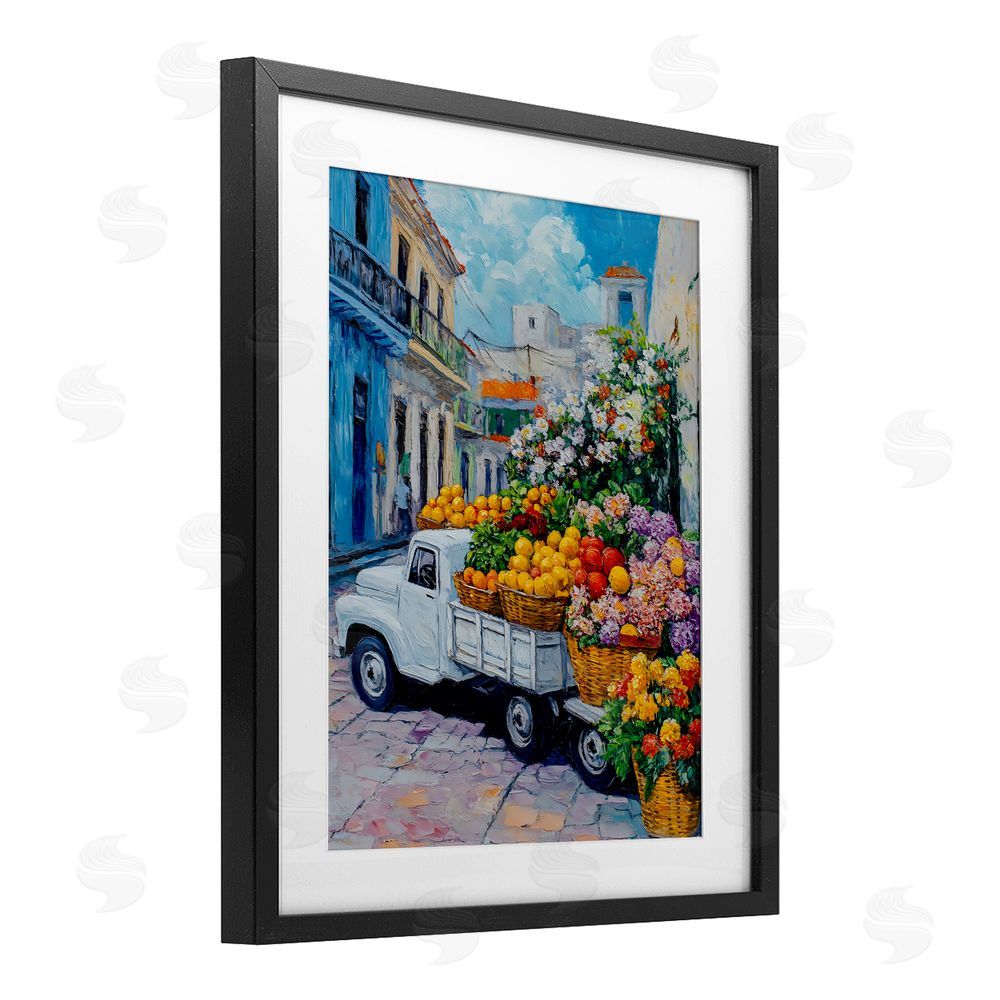 Franklyn Gregory Fresh Flowers and Fruit Village Black Framed Print Under Glass with White Mat Wall Art