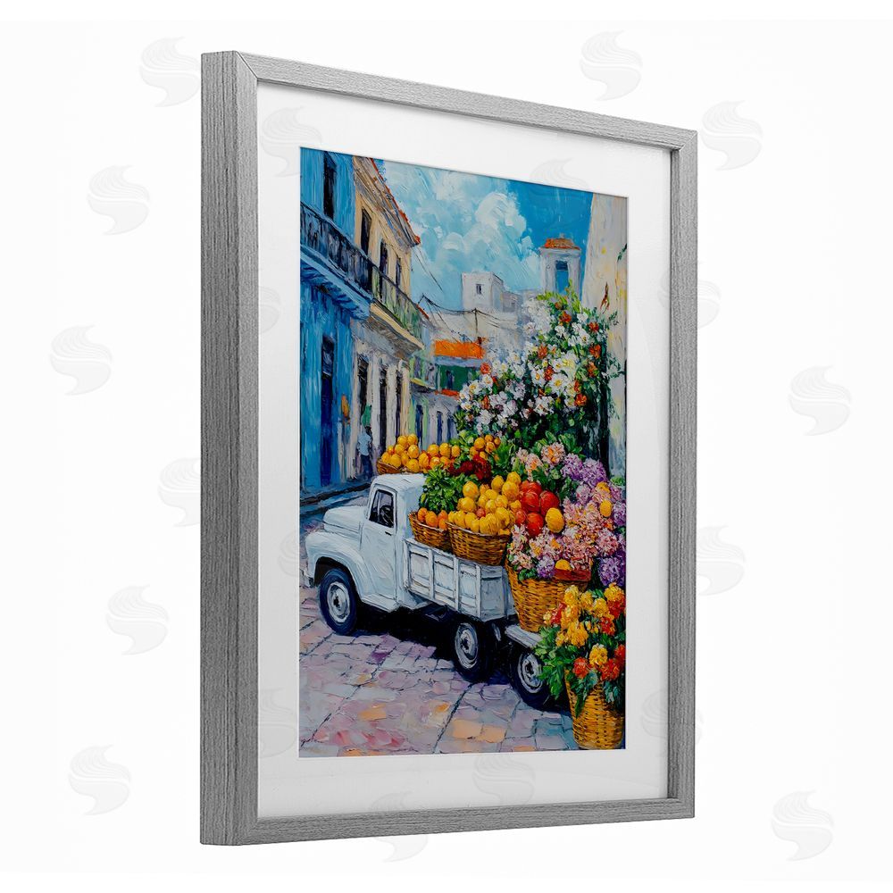 Franklyn Gregory Fresh Flowers and Fruit Village Gray Framed Print Under Glass with White Mat Wall Art