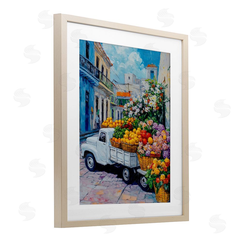 Franklyn Gregory Fresh Flowers and Fruit Village Birch Framed Print Under Glass with White Mat Wall Art