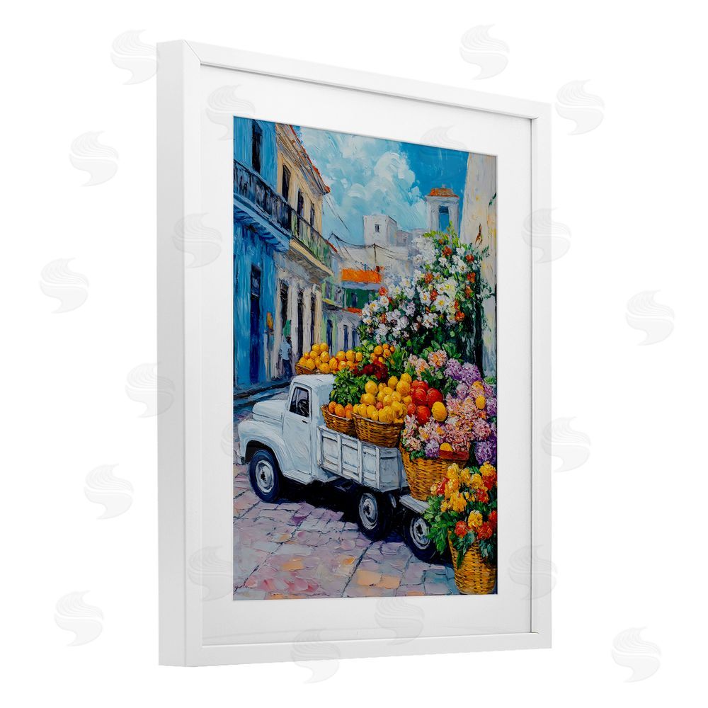 Franklyn Gregory Fresh Flowers and Fruit Village White Framed Print Under Glass with Mat Wall Art