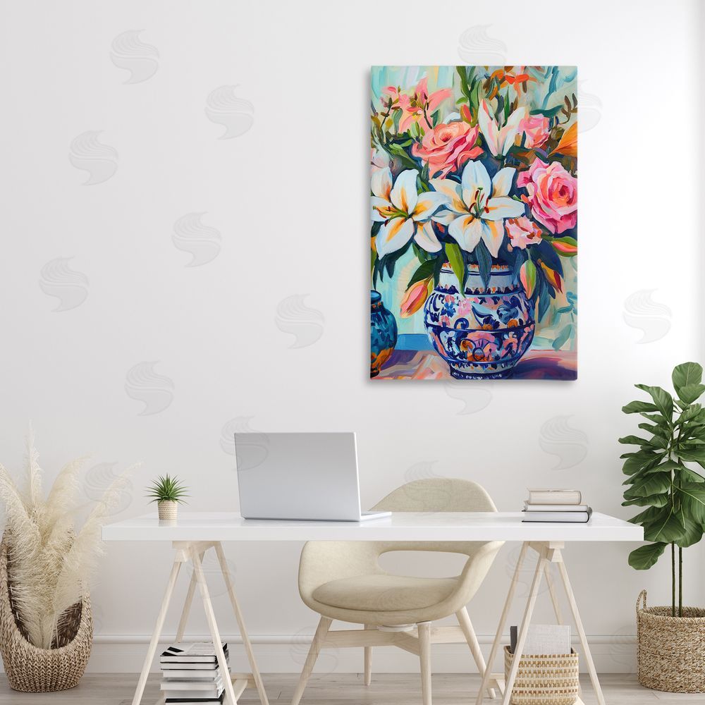Gina Kelly Colorful Flowers in Blue Ornate Vase Canvas Art on Wall