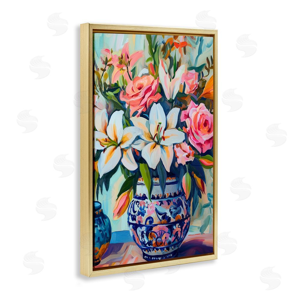 Gina Kelly Colorful Flowers in Blue Ornate Vase Gold Floating Frame Canvas Wall Art Print