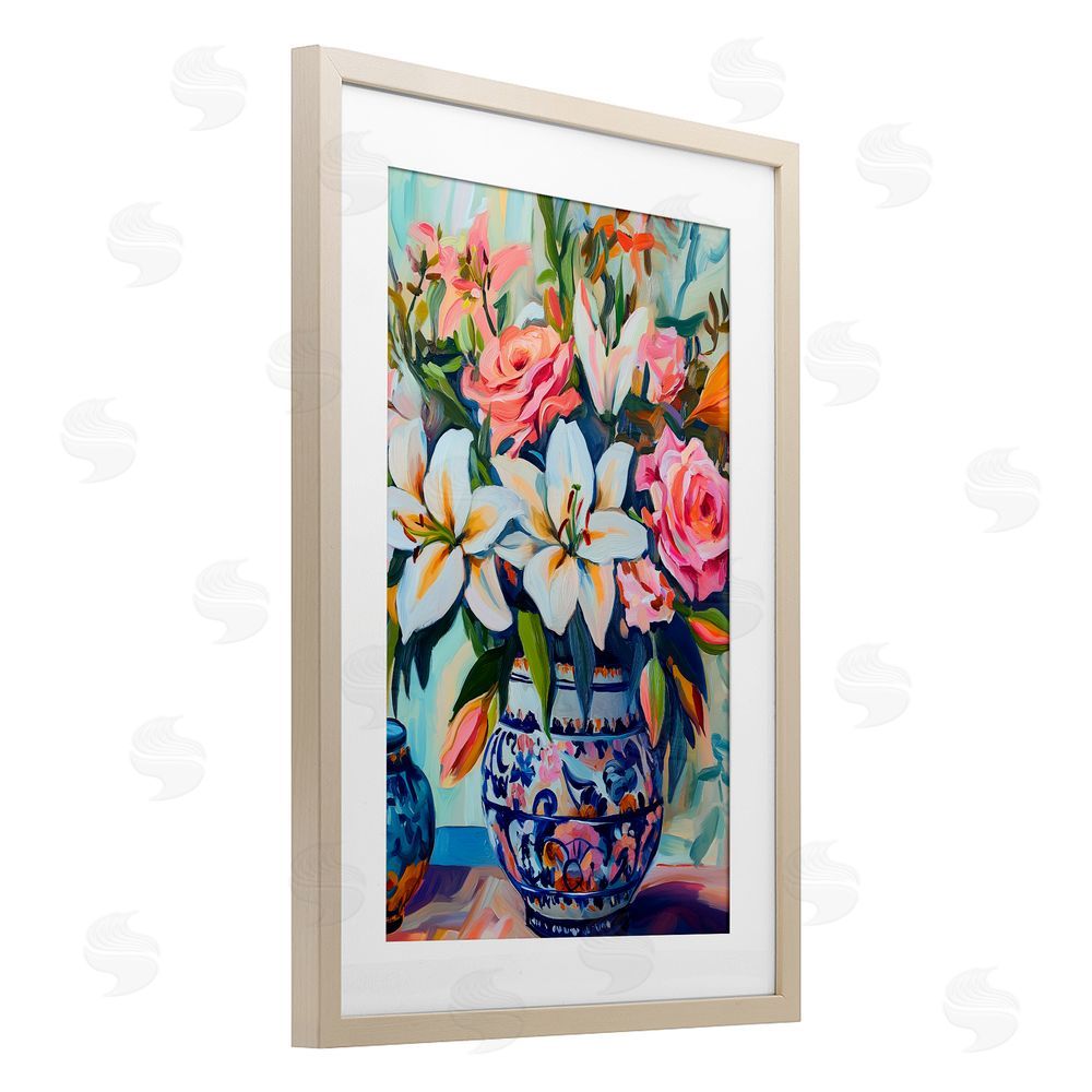 Gina Kelly Colorful Flowers in Blue Ornate Vase Birch Framed Print Under Glass with White Mat Wall Art