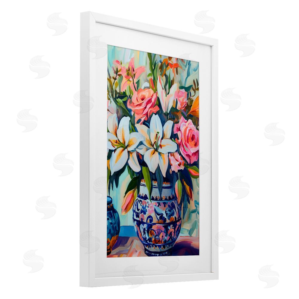 Gina Kelly Colorful Flowers in Blue Ornate Vase White Framed Print Under Glass with Mat Wall Art