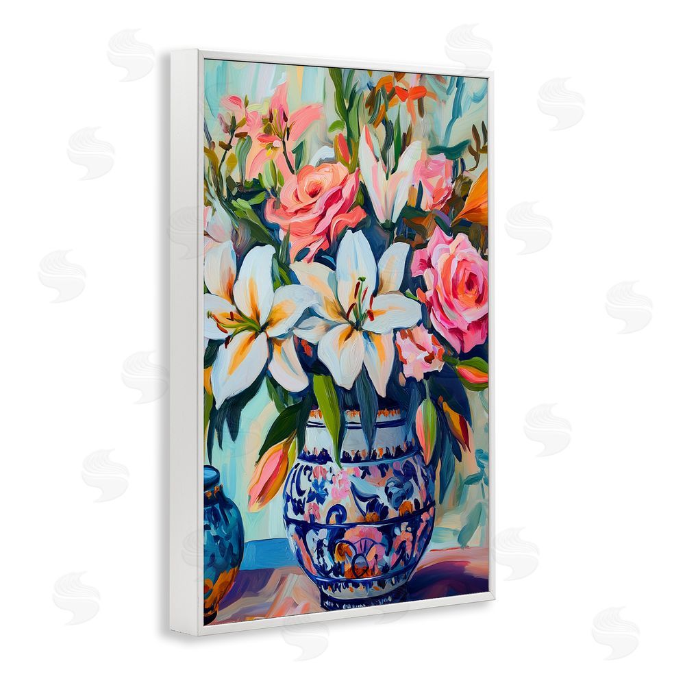 Gina Kelly Colorful Flowers in Blue Ornate Vase White Framed Giclee Wall Art Print