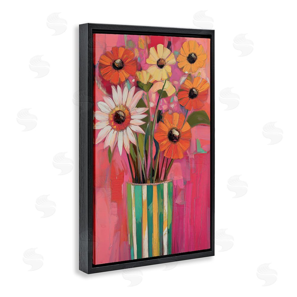 Gina Kelly Mixed Flowers Green Striped Vase Black Floating Frame Canvas Wall Art Print