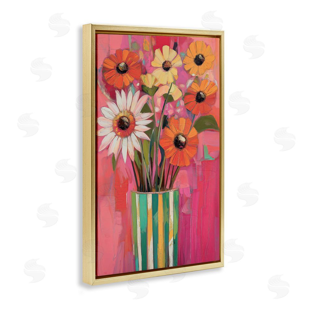 Gina Kelly Mixed Flowers Green Striped Vase Gold Floating Frame Canvas Wall Art Print