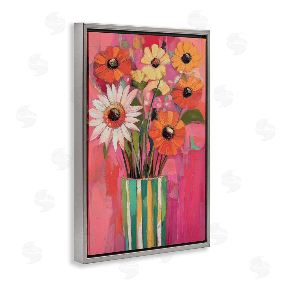 Gina Kelly Mixed Flowers Green Striped Vase Gray Floating Frame Canvas Wall Art Print
