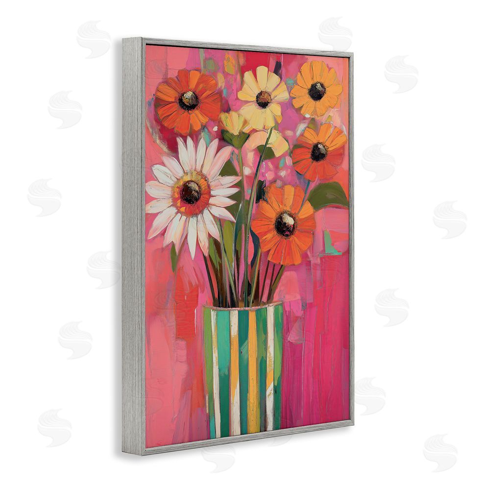 Gina Kelly Mixed Flowers Green Striped Vase Gray Framed Giclee Wall Art Print
