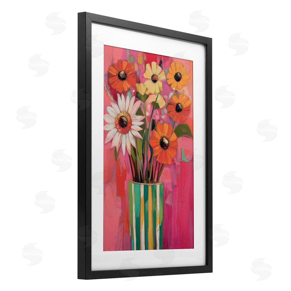Gina Kelly Mixed Flowers Green Striped Vase Black Framed Print Under Glass with White Mat Wall Art