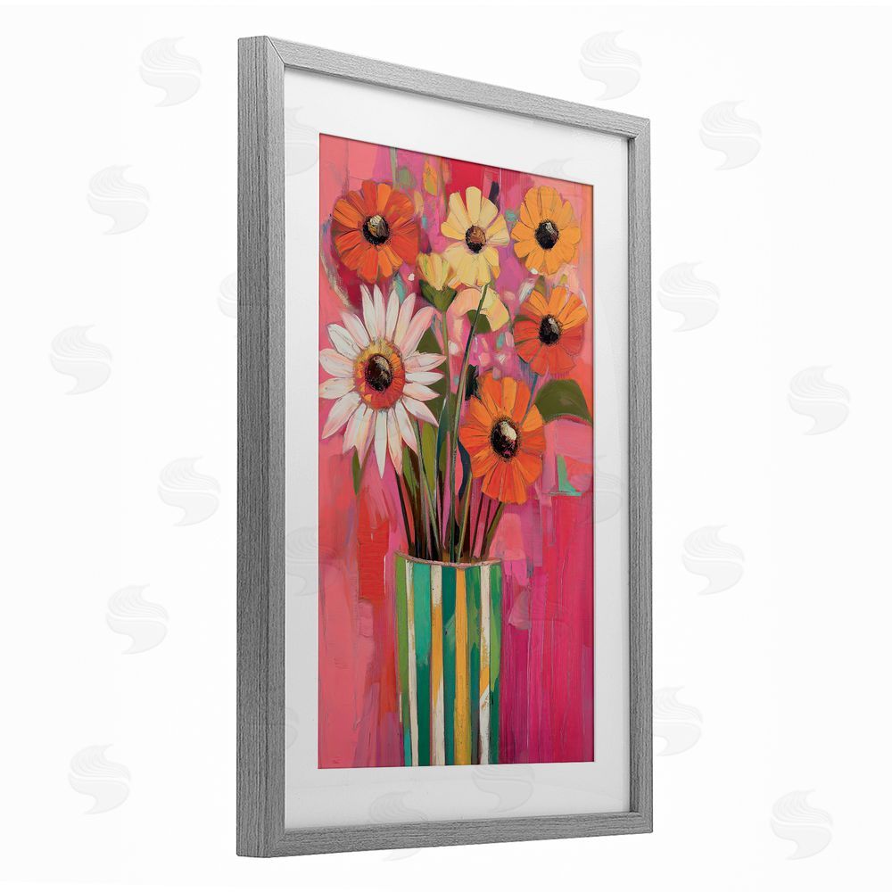 Gina Kelly Mixed Flowers Green Striped Vase Gray Framed Print Under Glass with White Mat Wall Art