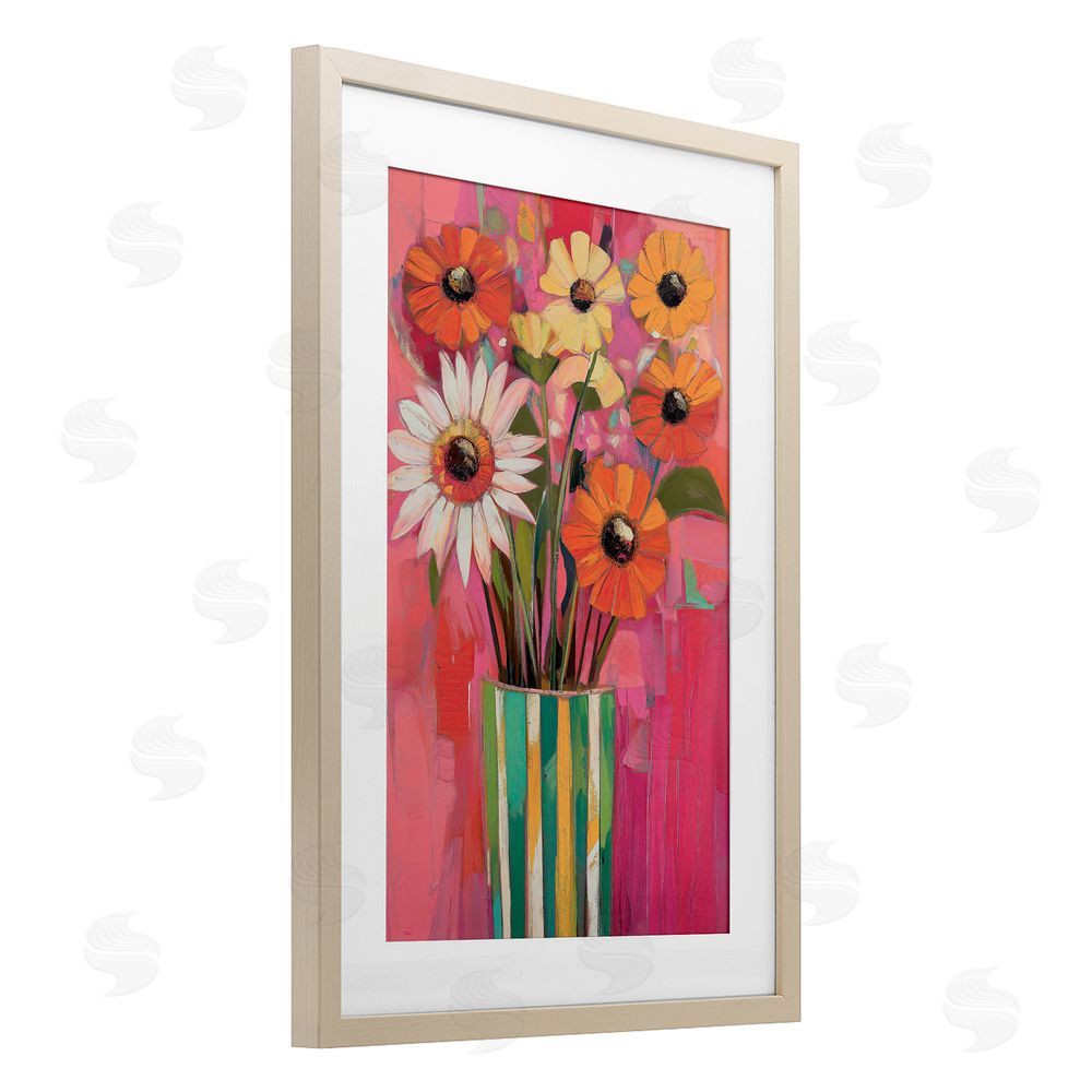 Gina Kelly Mixed Flowers Green Striped Vase Birch Framed Print Under Glass with White Mat Wall Art
