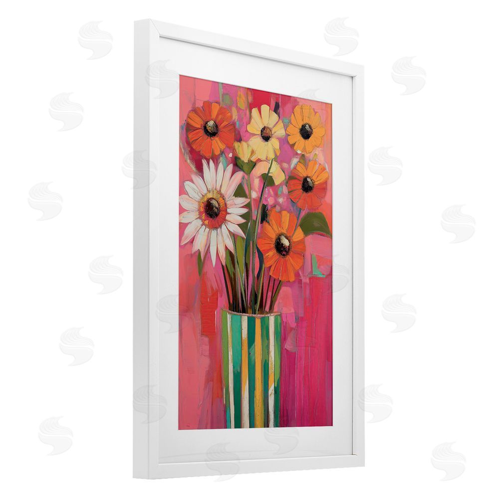 Gina Kelly Mixed Flowers Green Striped Vase White Framed Print Under Glass with Mat Wall Art