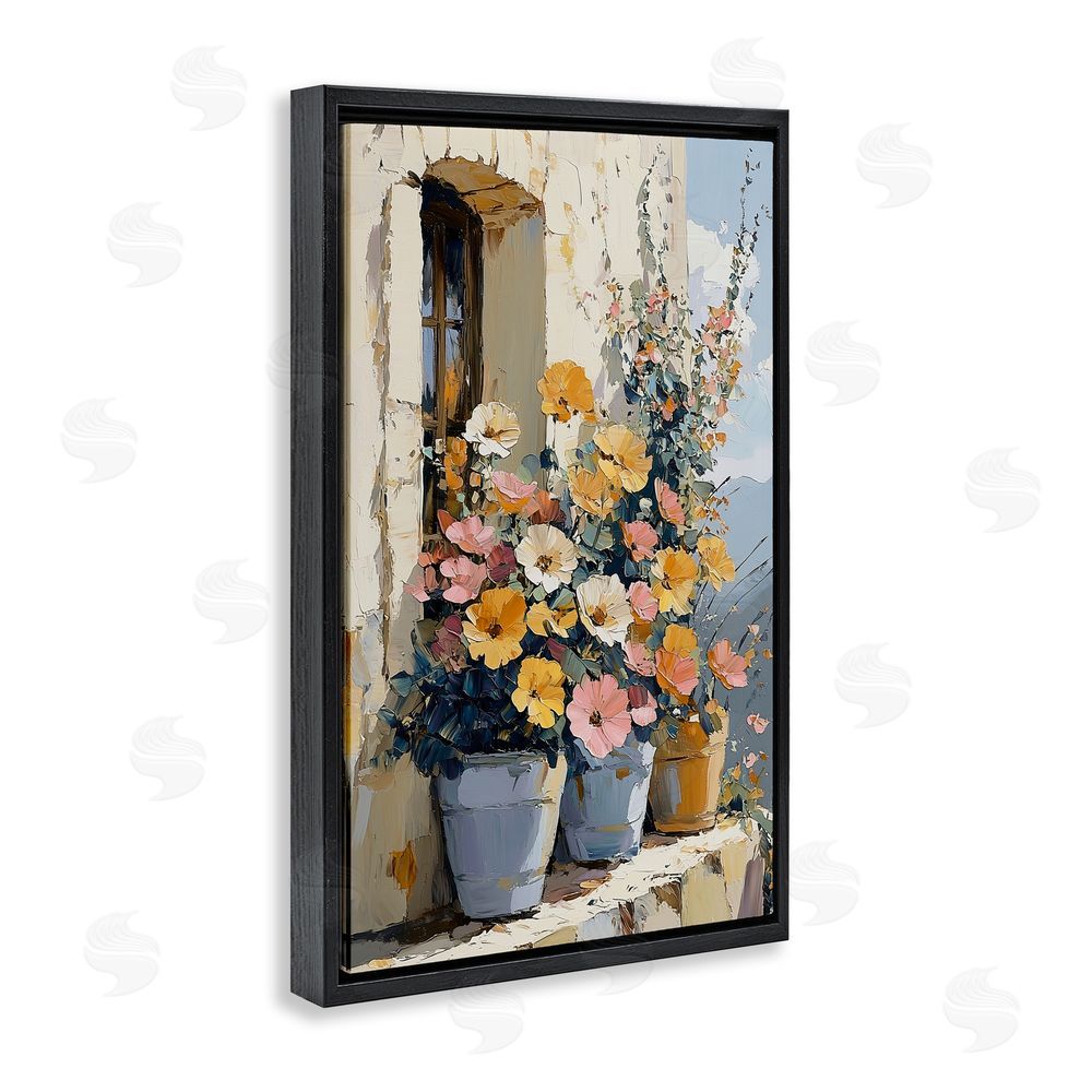 Gina Kelly Colorful Flowers on Stone Ledge Black Floating Frame Canvas Wall Art Print