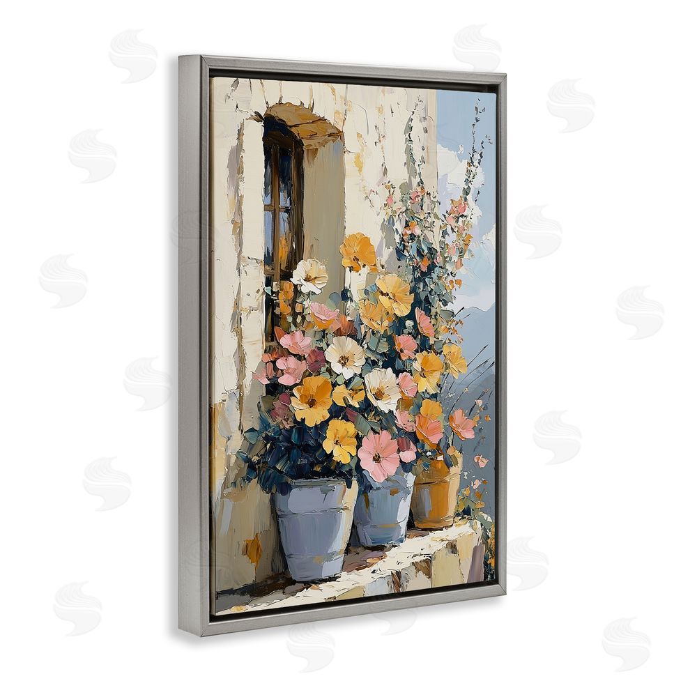 Gina Kelly Colorful Flowers on Stone Ledge Gray Floating Frame Canvas Wall Art Print