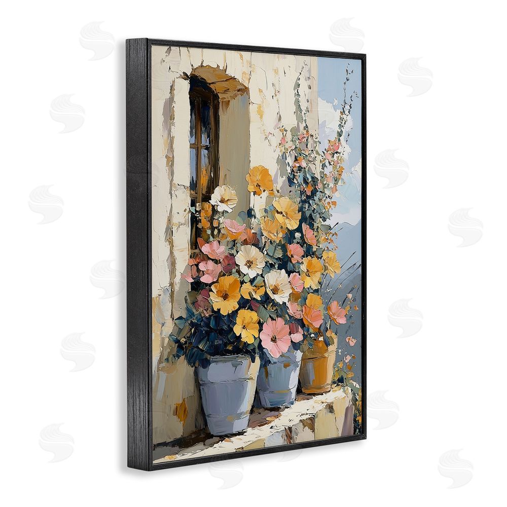 Gina Kelly Colorful Flowers on Stone Ledge Black Framed Giclee Wall Art Print