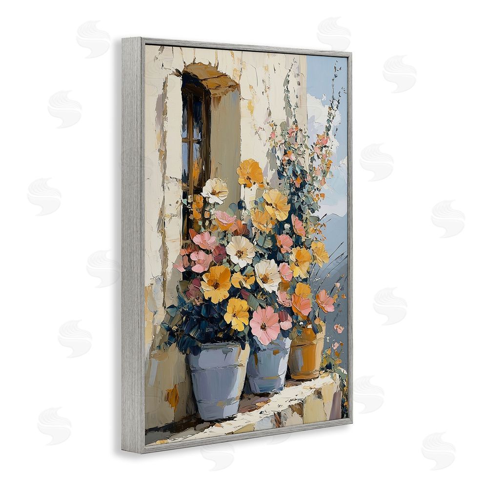 Gina Kelly Colorful Flowers on Stone Ledge Gray Framed Giclee Wall Art Print