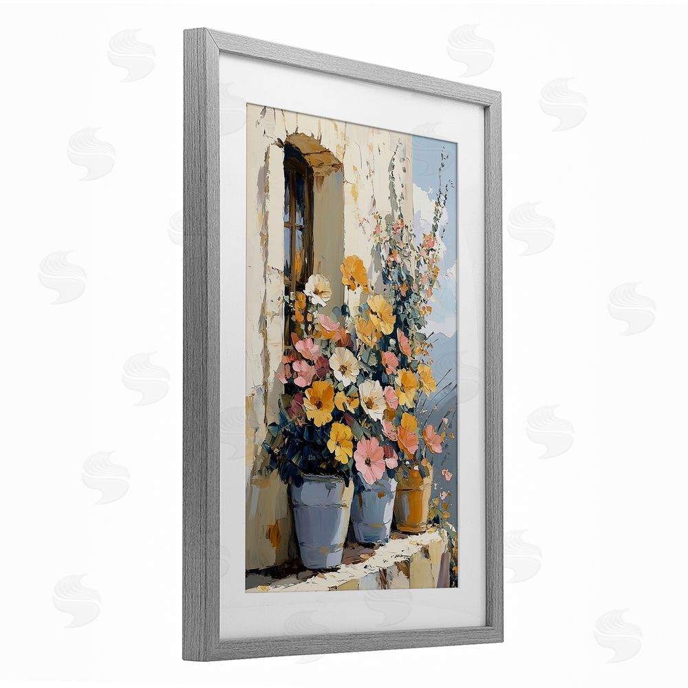 Gina Kelly Colorful Flowers on Stone Ledge Gray Framed Print Under Glass with White Mat Wall Art