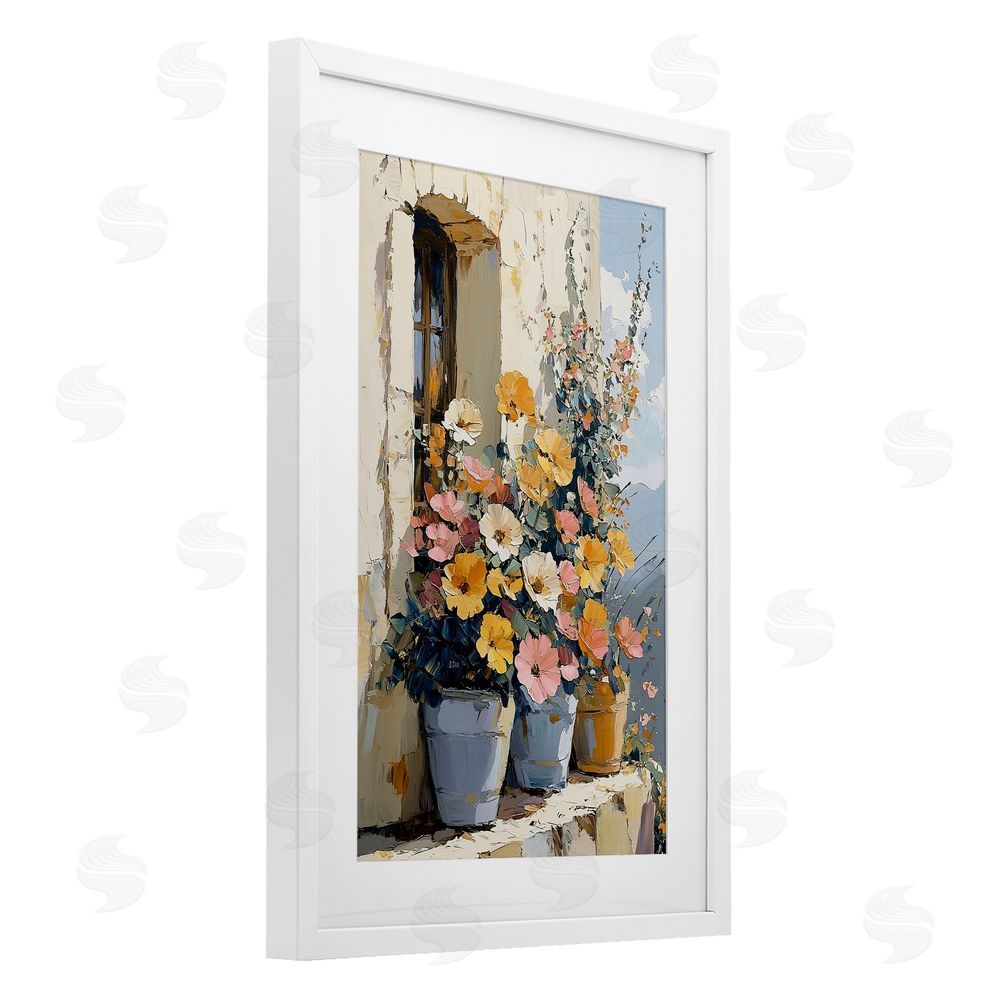 Gina Kelly Colorful Flowers on Stone Ledge White Framed Print Under Glass with Mat Wall Art