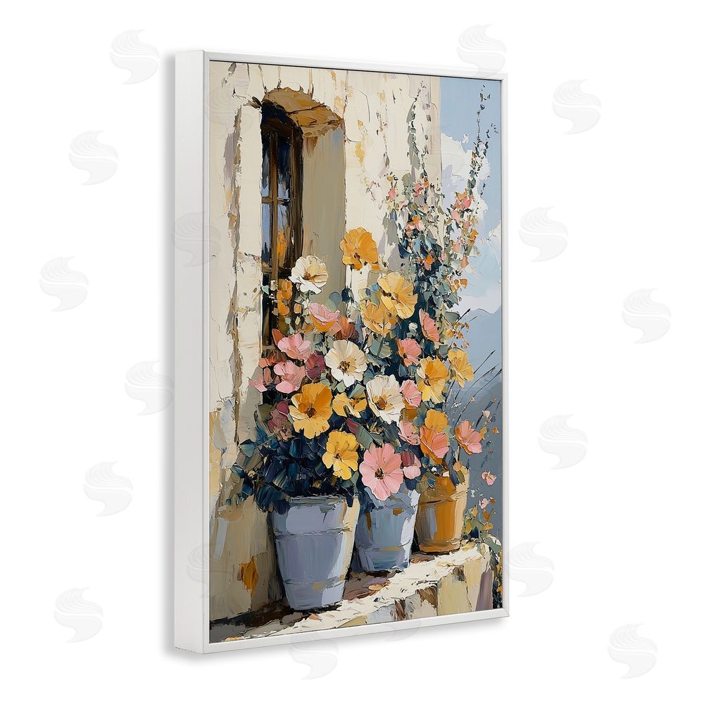 Gina Kelly Colorful Flowers on Stone Ledge White Framed Giclee Wall Art Print