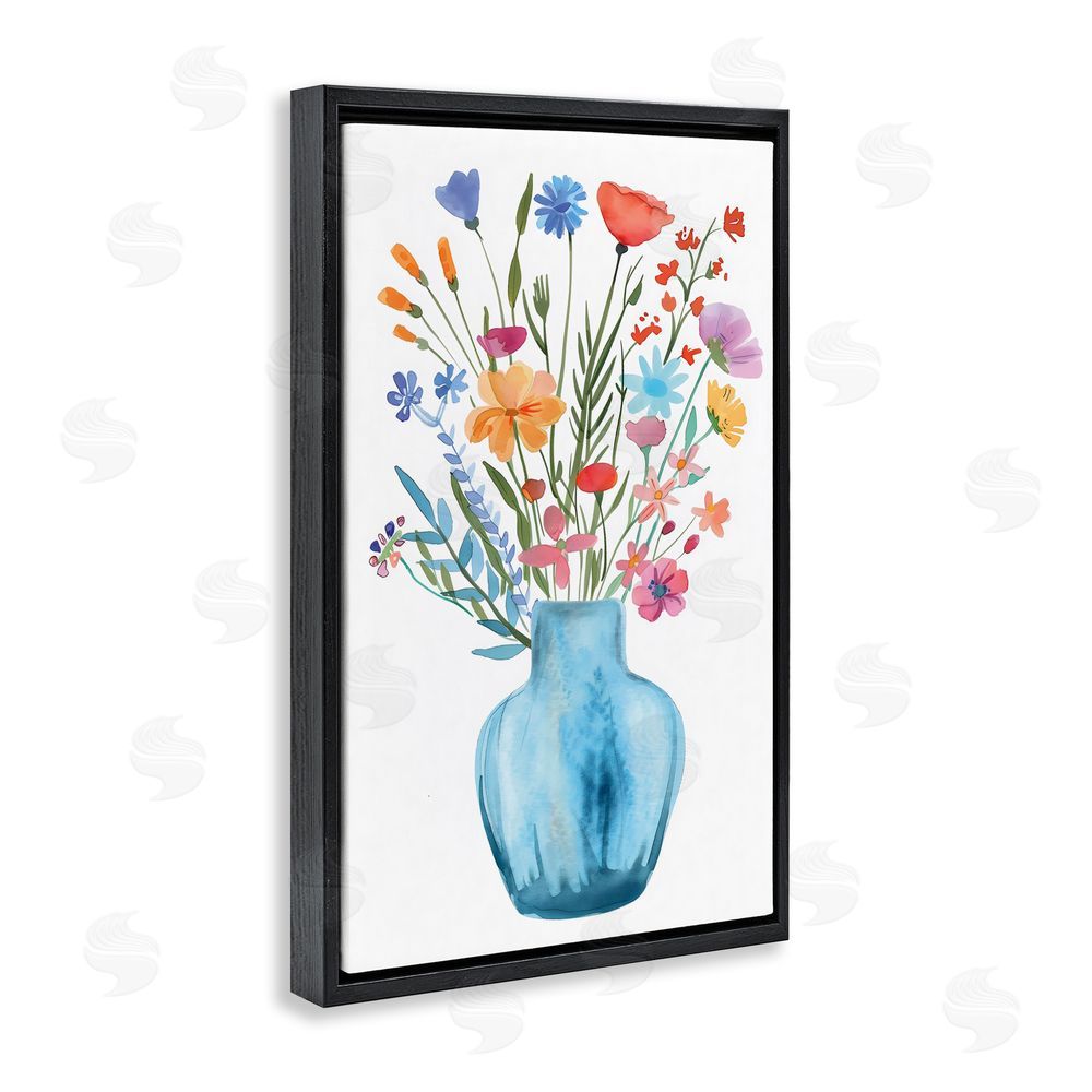 LSR Design Studio Watercolor Vase Blue Bouquet Black Floating Frame Canvas Wall Art Print
