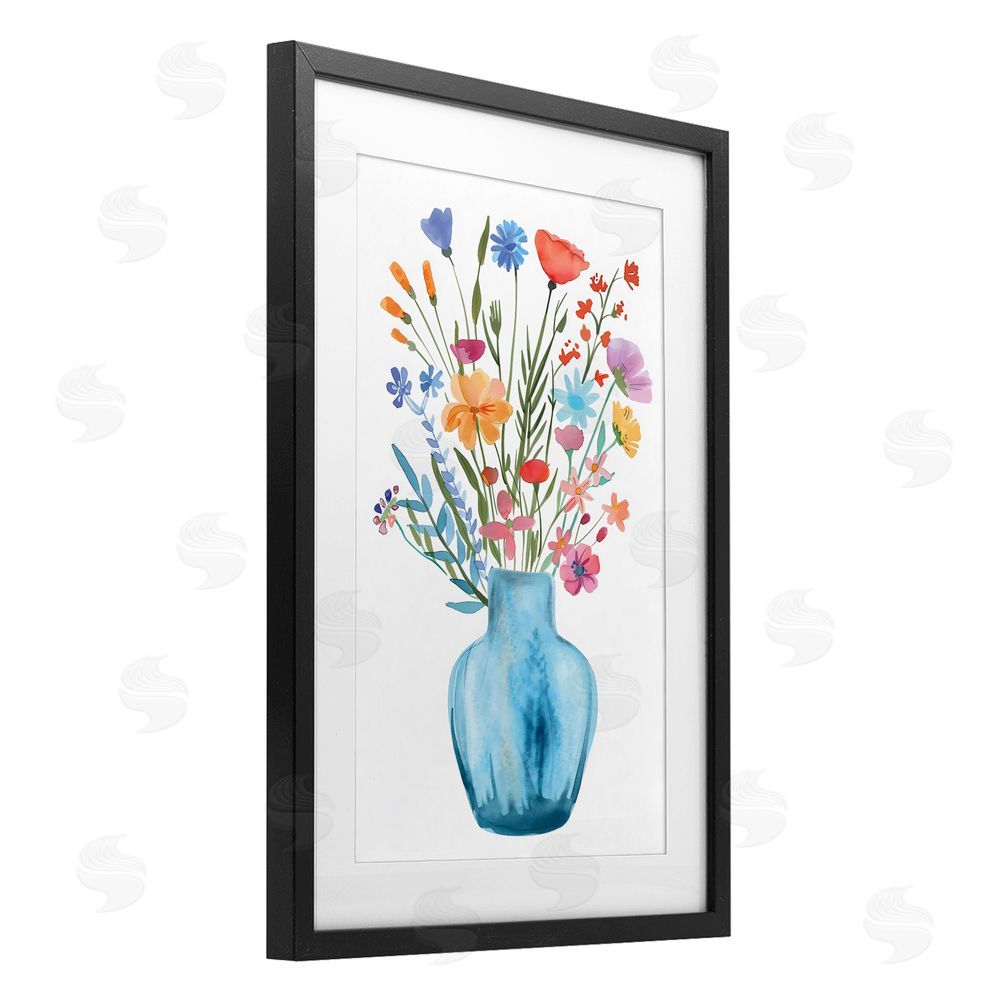 LSR Design Studio Watercolor Vase Blue Bouquet Black Framed Print Under Glass with White Mat Wall Art