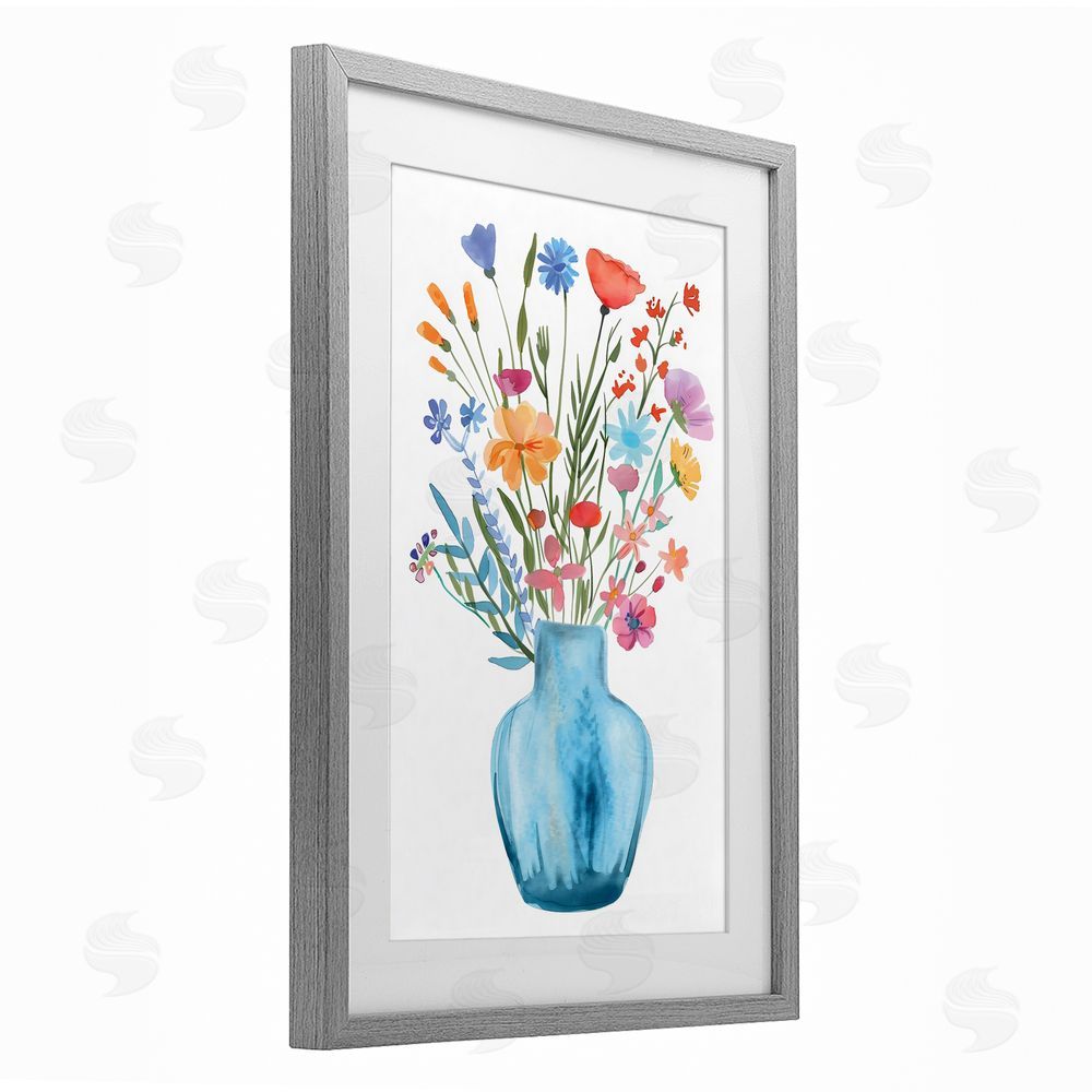 LSR Design Studio Watercolor Vase Blue Bouquet Gray Framed Print Under Glass with White Mat Wall Art