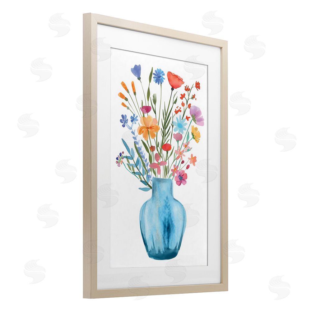 LSR Design Studio Watercolor Vase Blue Bouquet Birch Framed Print Under Glass with White Mat Wall Art