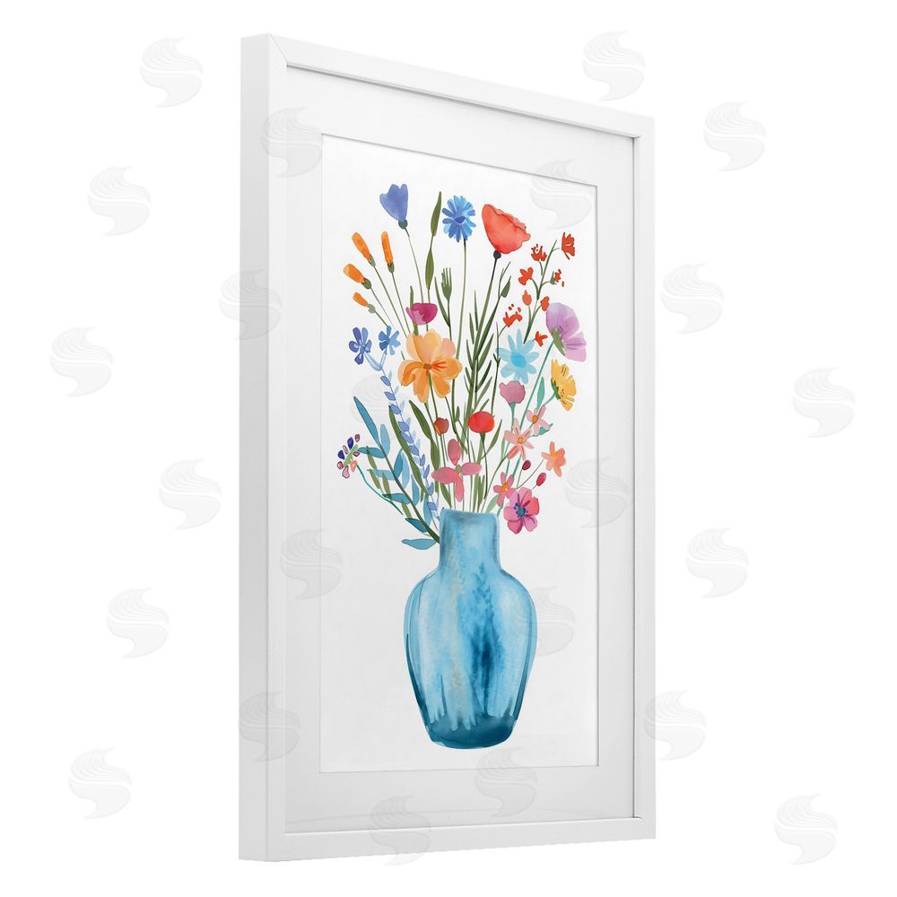 LSR Design Studio Watercolor Vase Blue Bouquet White Framed Print Under Glass with Mat Wall Art