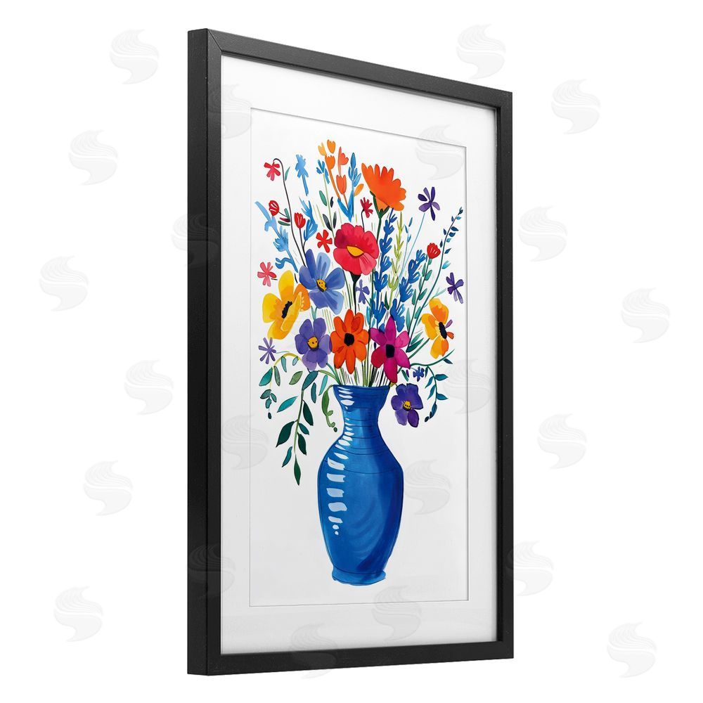 LSR Design Studio Colorful Bouquet Blue Red Black Framed Print Under Glass with White Mat Wall Art