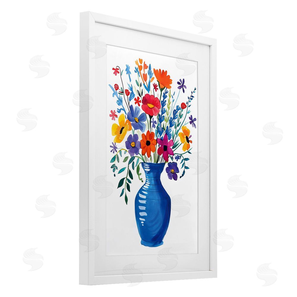 LSR Design Studio Colorful Bouquet Blue Red White Framed Print Under Glass with Mat Wall Art