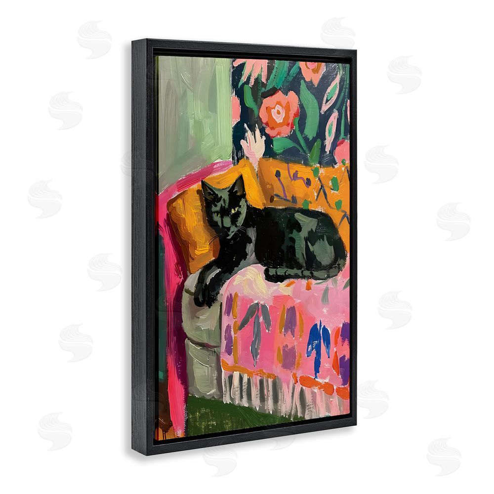 LSR Design Studio Relaxed Kitty on Couch Black Floating Frame Canvas Wall Art Print