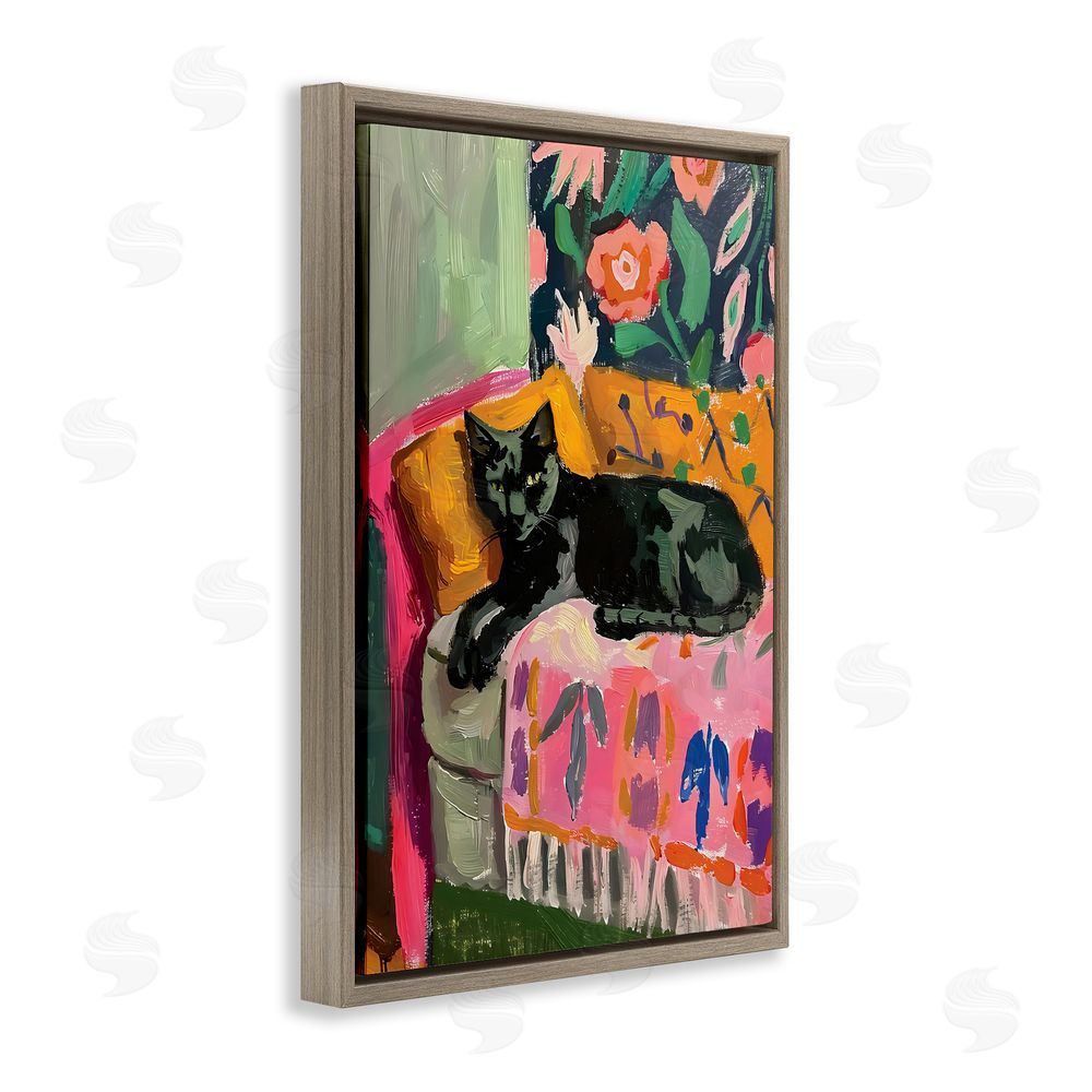 LSR Design Studio Relaxed Kitty on Couch Brown Floating Frame Canvas Wall Art Print