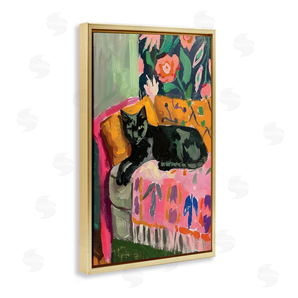 LSR Design Studio Relaxed Kitty on Couch Gold Floating Frame Canvas Wall Art Print