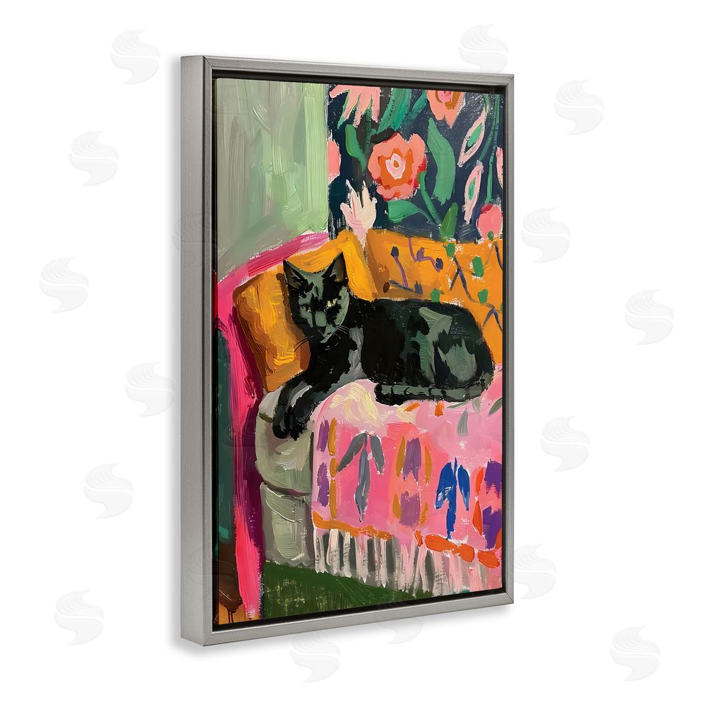 LSR Design Studio Relaxed Kitty on Couch Gray Floating Frame Canvas Wall Art Print