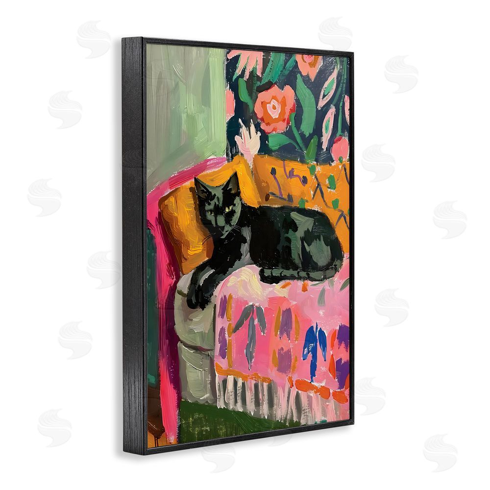 LSR Design Studio Relaxed Kitty on Couch Black Framed Giclee Wall Art Print