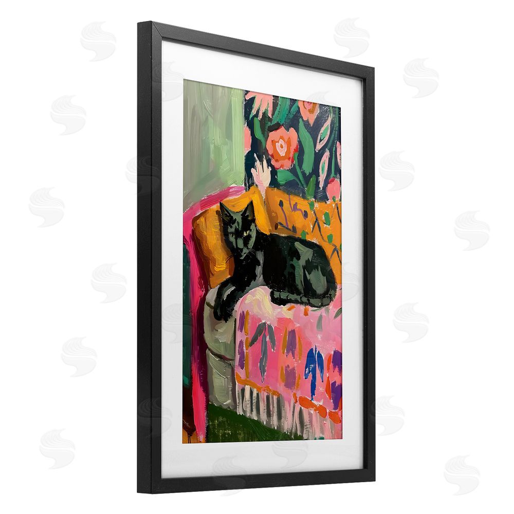 LSR Design Studio Relaxed Kitty on Couch Black Framed Print Under Glass with White Mat Wall Art