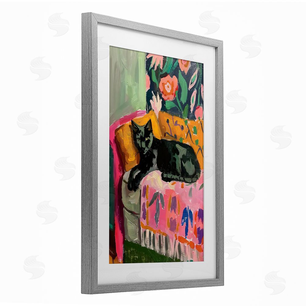 LSR Design Studio Relaxed Kitty on Couch Gray Framed Print Under Glass with White Mat Wall Art