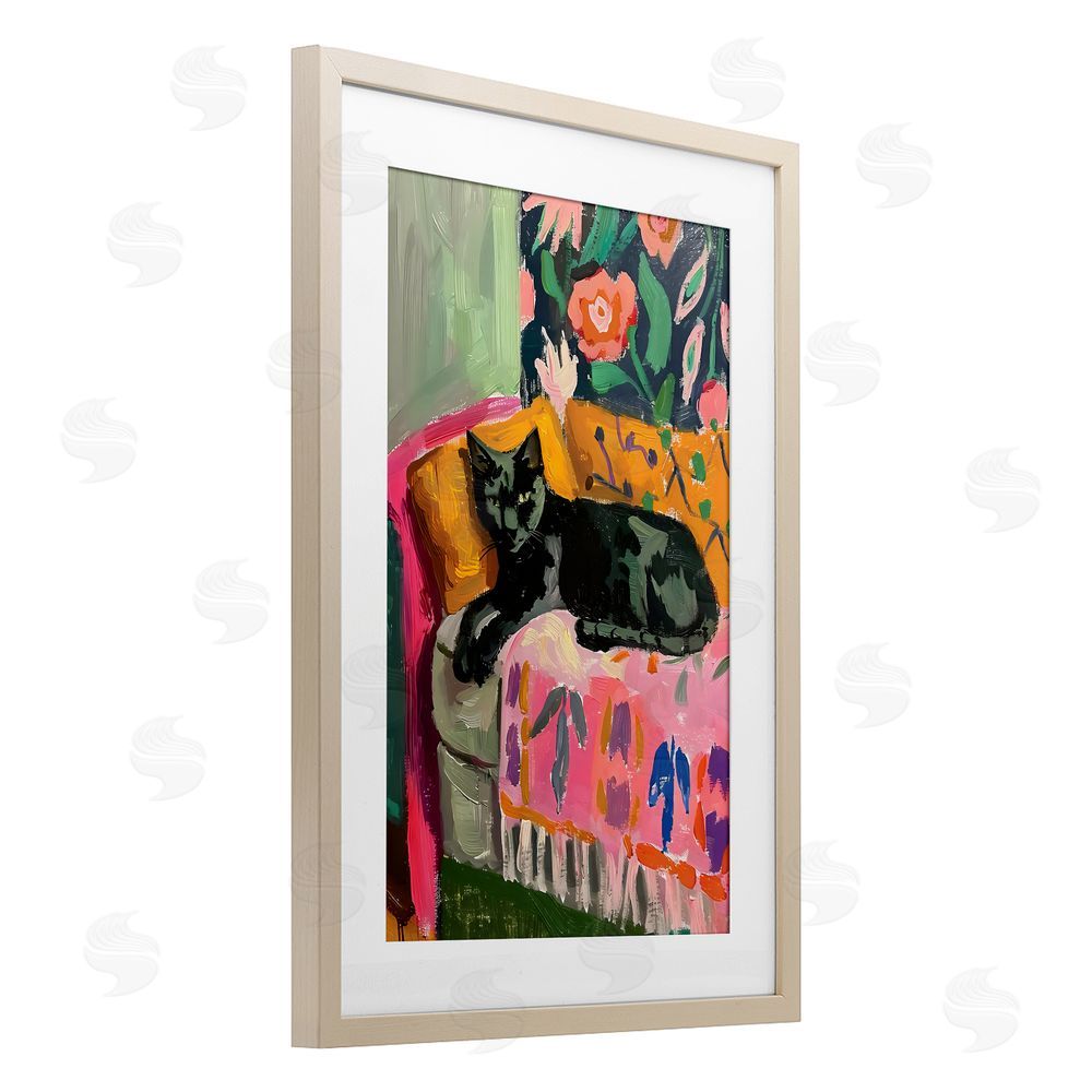 LSR Design Studio Relaxed Kitty on Couch Birch Framed Print Under Glass with White Mat Wall Art